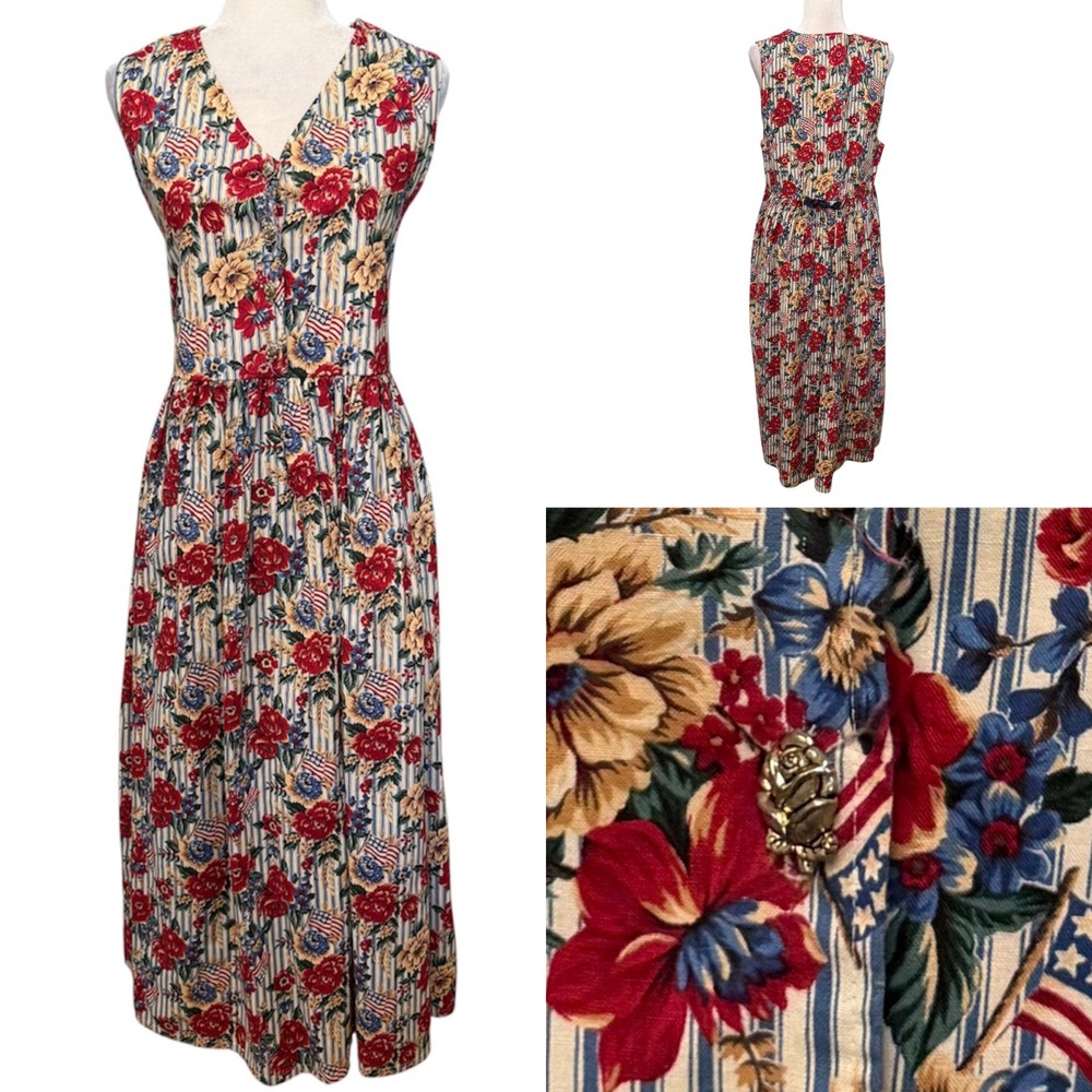 Vtg 90s Maxi Dress Womens S Americana Floral Striped Rose Cottagecore Whimsical
